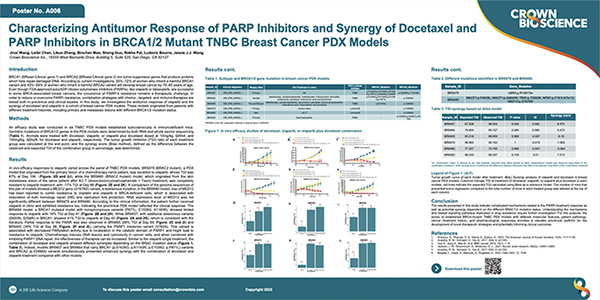 ANE 2023 Poster A006: Characterizing Antitumor Response of PARP Inhibitors and Synergy of Docetaxel and PARP Inhibitors in BRCA1/2 Mutant TNBC Breast Cancer PDX Models