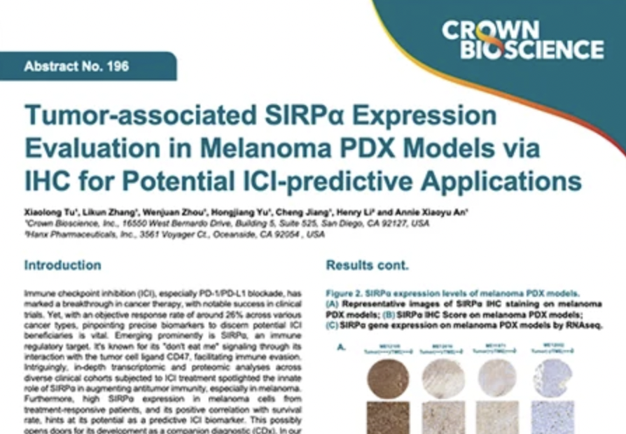 SITC 2023 Poster 196: Tumor-associated SIRPα Expression Evaluation in Melanoma PDX Models via IHC for Potential ICI-predictive Applications
